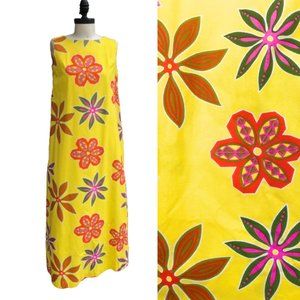 Vintage 50s/60s Hoaloha Hawaiian Barkcloth Yellow Floral Maxi Tiki Dress XS/S